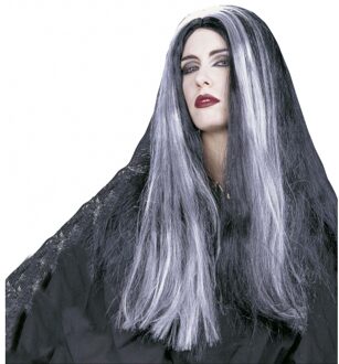 Widmann Heksen verkleed pruik - lang grijs/zwart haar - damespruik - Halloween/carnaval Multi