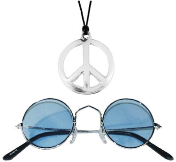 Widmann Hippie Flower Power sieraden set peace-sign ketting met groovy bril