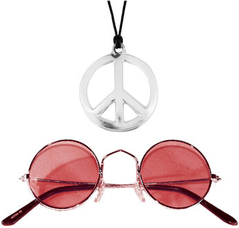 Widmann Hippie Flower Power sieraden set - peace-sign ketting met groovy rode bril