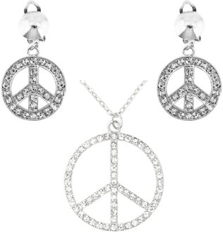 Widmann Hippie Flower Power Sixties sieraden peace teken strass ketting en oorbellen