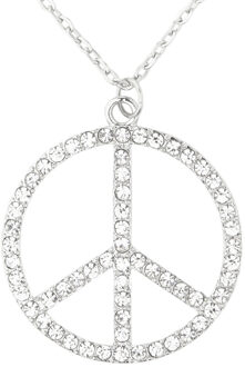 Widmann Hippie Flower Power Sixties sieraden peace teken strass ketting - Verkleedsieraden Zilverkleurig