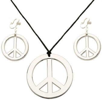 Widmann Hippie Flower Power Sixties sieraden set ketting met oorbellen peace tekens Zilver