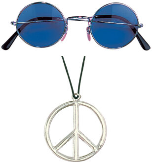 Widmann Hippie Flower Power Sixties verkleed set ketting met blauwe party bril