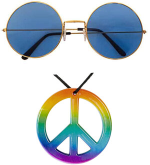 Widmann Hippie Flower Power Sixties verkleed set ketting met blauwe party bril
