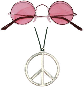 Widmann Hippie Flower Power Sixties verkleed set ketting met roze party bril