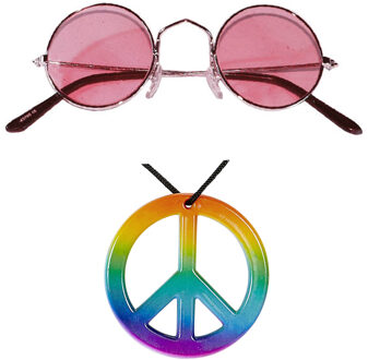 Widmann Hippie Flower Power Sixties verkleed set ketting met roze party bril