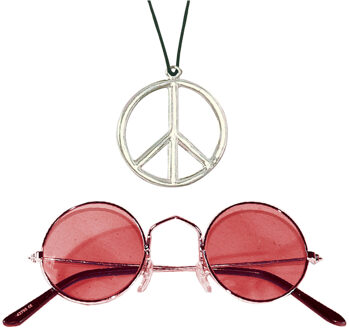 Widmann Hippie Flower Power Sixties verkleed set - peace ketting met rode party bril