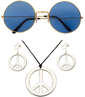 Widmann Hippie Flower Power Sixties verkleed sieraden met blauwe party bril