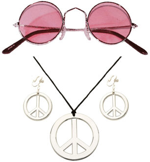 Widmann Hippie Flower Power Sixties verkleed sieraden met roze party bril
