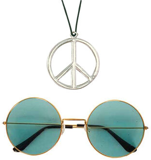 Widmann Hippie Flower Power verkleed set - peace ketting - en ronde groene glazen party bril