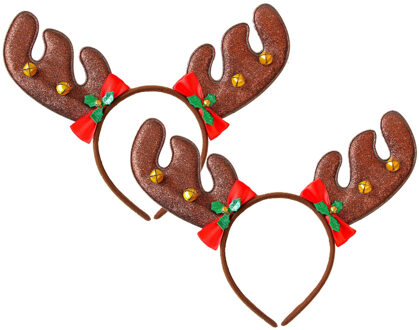 Widmann Kerst diadeems/haarbanden - 2x - rendier gewei met strikjes - donkerbruin