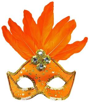 Widmann Oranje masker met veren voor dames - Maskers > Masquerade masker