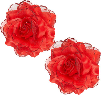 Widmann Rode roos haarbloem met glitters - 2x - Hawaii thema haarbloemen - Carnaval/verkleed artikelen