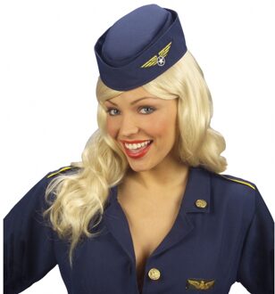 Widmann Stewardess verkleed hoedje - blauw - dames - verkleedkleding accessoires - Carnaval