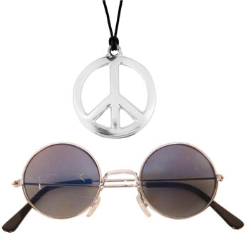 Widmann Toppers - Hippie Flower Power sieraden set peace-sign ketting met groovy bril
