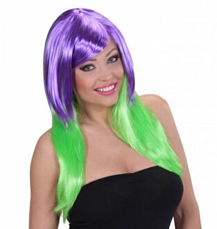 Widmann Tweekleurige lange pruik paars groen