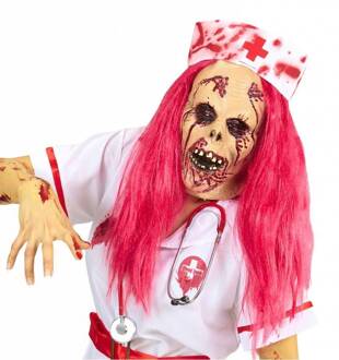 Widmann Zombie verpleegster masker met roze haren - Maskers > Integrale maskers