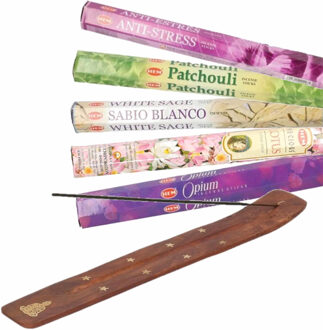 Wierookhouder houten plankje boeddha pakket met 100x stokjes wierrook