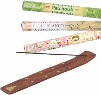 Wierookhouder houten plankje boeddha pakket met 120x stokjes wierrook