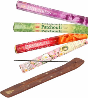 Wierookhouder houten plankje boeddha pakket met 80x stokjes wierrook - Wierookstokjes