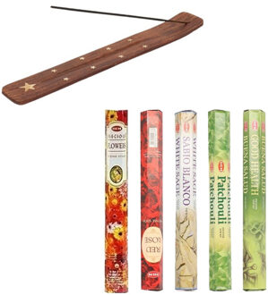 Wierrook geuren pakket van 5x verschillende geuren met een wierook houten brander plankje