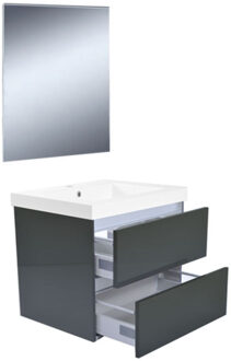 Wiesbaden Badkamermeubel Set Vision Hangend 60x50x47cm MDF Hoogglans Grijs Softclose Greeploos Kunstmarmeren Wastafel 1 Kraangat Overloop met Spiegel