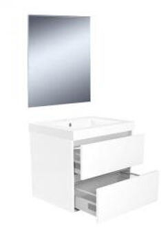 Wiesbaden Badkamermeubel Set Vision Hangend 60x50x47cm MDF Hoogglans Wit Softclose Greeploos Kunstmarmeren Wastafel 1 Kraangat Overloop met Spiegel