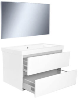 Wiesbaden Badkamermeubel Set Vision Hangend 80x50x47cm MDF Hoogglans Wit Softclose Greeploos Kunstmarmeren Wastafel 1 Kraangat Overloop met Spiegel