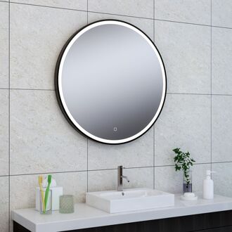 Wiesbaden Badkamerspiegel Maro Rond 80x80cm Geintegreerde LED Verlichting Verwarming Anti Condens Touch Schakelaar Mat Zwart