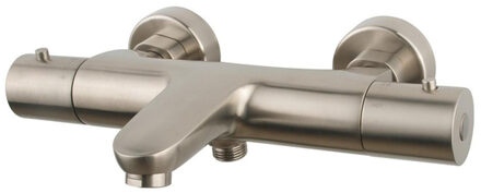 Wiesbaden Badkraan Caral Thermostatisch Opbouw Rond Geborsteld Staal 2 Greeps met Onderuitloop