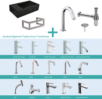 Wiesbaden FonteinPack Recto Natuursteen Links Met MontageFrame 40x22x10 cm Chroom (Keuze uit 20 kranen) Zwart