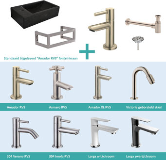 Wiesbaden FonteinPack Recto Natuursteen Links Met Montageframe 40x22x10 cm RVS (Keuze uit 8 kranen) Zwart