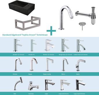 Wiesbaden FonteinPack Recto Natuursteen Rechts Met MontageFrame 40x22x10 cm Chroom (Keuze uit 20 kranen) Zwart