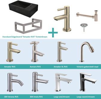 Wiesbaden FonteinPack Recto Natuursteen Rechts Met MontageFrame 40x22x10 cm RVS (Keuze uit 8 kranen) Zwart