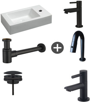 Wiesbaden Fonteinpack Rhea Rechts Keramiek 45.5x26x12 cm Mat Zwart (Keuze uit 4 kranen) Wit