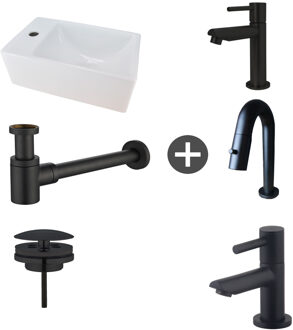 Wiesbaden Fonteinpack Rhea XXS Links Keramiek 30.5x18x11 cm Mat Zwart (Keuze uit 4 kranen) Wit