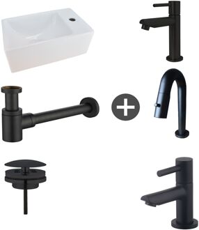 Wiesbaden Fonteinpack Rhea XXS Rechts Keramiek 30.5x18x11 cm Mat Zwart (Keuze uit 4 kranen) Wit