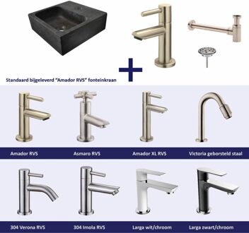 Wiesbaden FonteinPack Square Natuursteen 30x30x10 cm RVS (Keuze uit 8 kranen) Zwart