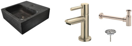 Wiesbaden FonteinPack Square Natuursteen 30x30x10 cm RVS (Keuze uit 8 kranen) Zwart