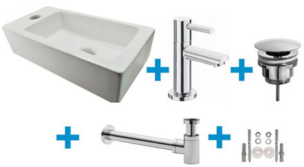 Wiesbaden Fonteinset Rhea S Mini met Fontein Links - Glans Wit - Kraan - Sifon - Afvoerplug - Chroom