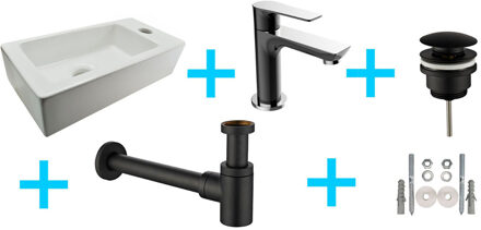 Wiesbaden Fonteinset Rhea S Mini met Fontein Rechts - Glans Wit - Casma Kraan - Sifon - Afvoerplug - Zwart/Chroom