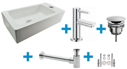 Wiesbaden Fonteinset Rhea S Mini met Fontein Rechts - Glans Wit - Kraan - Sifon - Afvoerplug - Chroom