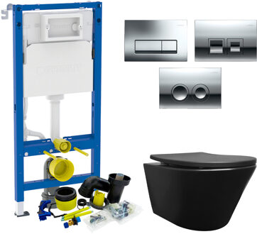 Wiesbaden Geberit UP100 Toiletset Wiesbaden Vesta Junior Rimless Mat Zwart Set74 met Delta Drukplaat