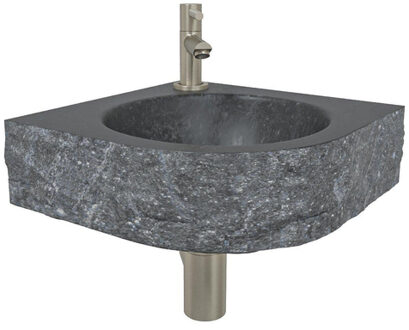 Wiesbaden Hardstenen hamerslag hoekfonteinset 30x30x10cm incl. Amador fonteinkraan geborsteld staal SW296073 - SW6579 - SW10741 - SW10734 - SW21108 Antraciet