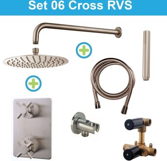 Wiesbaden Inbouw Regendouche Set 06 Cross Muuruitloop Geborsteld Staal Grijs