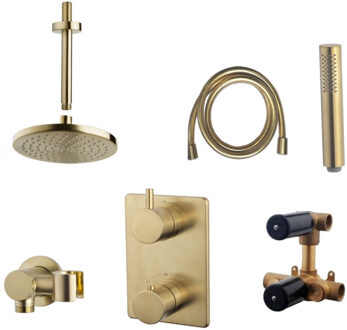 Wiesbaden Inbouw Regendouche Set 13 Caral Rechthoek Plafonduitloop Geborsteld Messing Goud