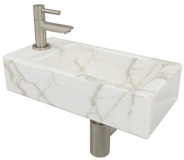 Wiesbaden Mini-Rhea links fonteinset 36x18x9cm Carrara marmerlook wit incl. Amador fonteinkraan geborsteld staal 32.5496 - 22.3708 - 32.3537 - 33.4421 - 33.4399 Wit glans