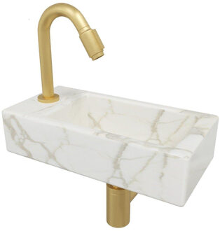 Wiesbaden Mini-Rhea Links fonteinset 36x18x9cm Carrara marmerlook wit incl. victoria luxe fonteinkraan geborsteld messing 32.5496 - 22.5730 - 32.3537 - SW696218 - 33.4459 Wit glans