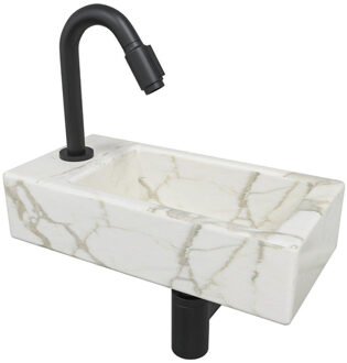 Wiesbaden Mini-Rhea Links fonteinset 36x18x9cm Carrara marmerlook wit incl. victoria luxe fonteinkraan zwart mat 32.5496 - 22.2730 - 32.3537 - sw696215 - sw696205 Wit glans