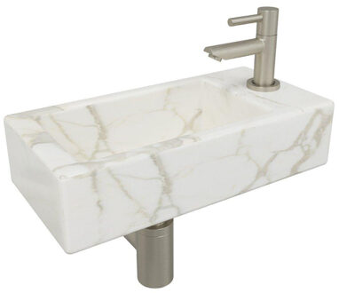 Wiesbaden Mini-Rhea rechts fonteinset 36x18x9cm Carrara marmerlook wit incl. Amador fonteinkraan geborsteld staal 32.5497 - 22.3708 - 32.3537 - 33.4421 - 33.4399 Wit glans